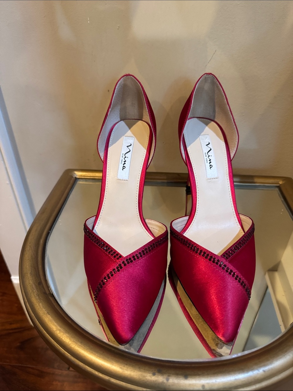 Nina Red Satin Pointed D'Orsay Heels with Crystal Trim includes shoe box.